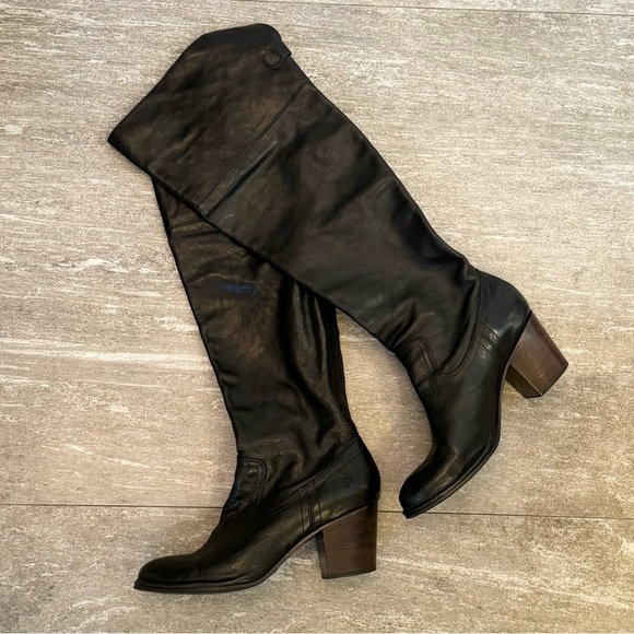 Frye Lucinda Black Leather Over The Knee High Stacked Heel...